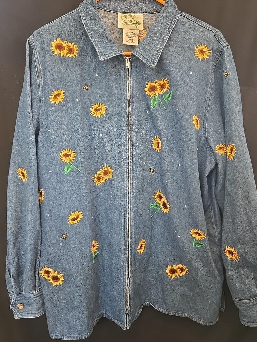Vintage Quacker Factory Sunflower Bee Embroidered Denim Jacket L
